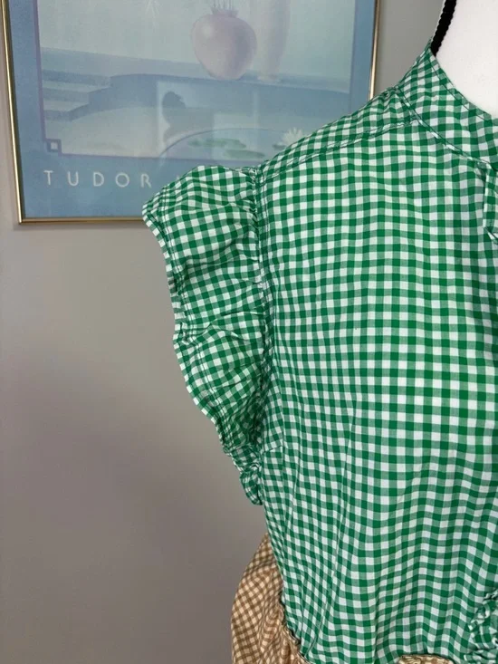 Chaps Green Gingham Ruffle Peplum Top with Tan Hem - Picture 3 of 6